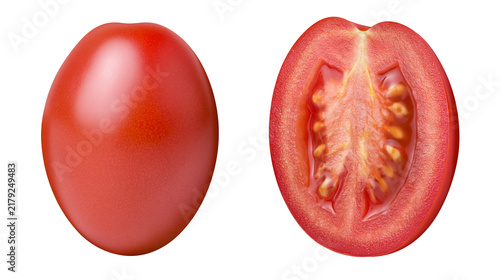 Photography Whole ripe red plum tomato and its cross-section, isolated on transparent backgr