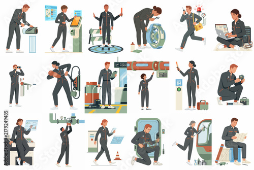 Comprehensive set of airport ground crew and aviation personnel characters performing diverse tasks like security, maintenance, and logistics in flat vector illustration style.