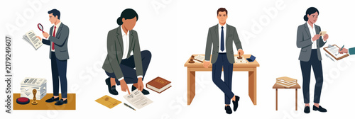 Illustration set of legal professionals working with documents, featuring lawyers, notaries, and investigators in business suits on a white background.
