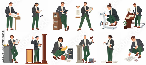 Flat Vector Illustrations of Legal and Office Professionals Performing Various Administrative Tasks, Managing Documents, and Presiding Over Court Proceedings