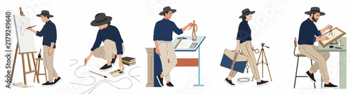 A set of vector illustrations depicting a male artist engaged in various creative activities like painting, drawing, and photography.