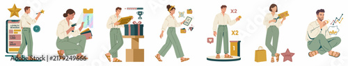 Flat illustration set of people earning rewards, loyalty points, and prizes through mobile apps and shopping for consumer loyalty and engagement.