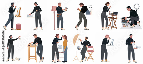 A diverse collection of flat vector illustrations depicting professional makeup artists working with various tools, equipment, and clients in a studio.