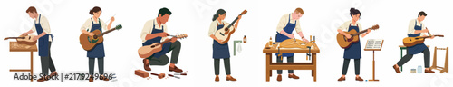 A collection of professional luthiers and musicians crafting and playing acoustic guitars in a clean, flat illustration style.