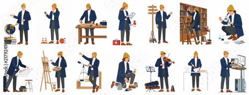 Flat vector collection of a man character in various professional and hobby activities like science, art, music, and woodworking.