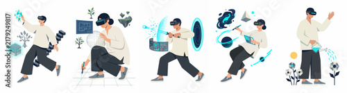 Illustration of people using virtual reality headsets to explore diverse digital environments including gardening, gaming, and data analysis in a modern flat style.