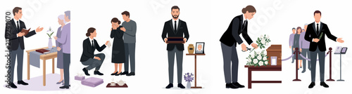 A set of funeral service illustrations featuring professional morticians assisting grieving families, managing memorial arrangements, caskets, and ceremony procedures on a white background.