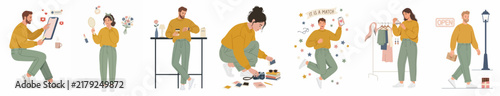 Set of Modern Character Illustrations Depicting People in Various Daily Life Activities and Routines Wearing Trendy Casual Outfits