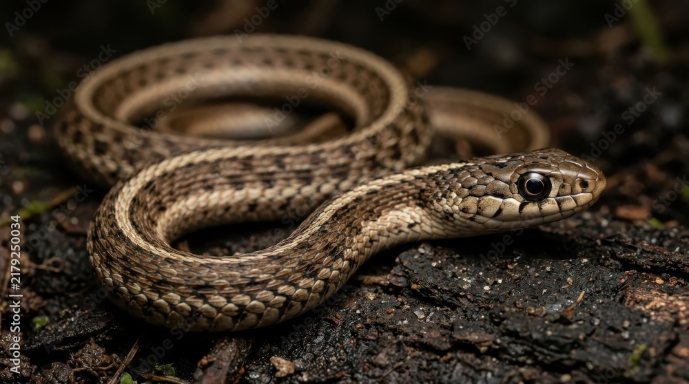 Obraz premium Detailed Macro Portrait of a Common Garter Snake Coiled on Dark Forest Floor Mulch