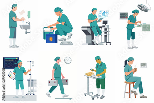 Flat illustration set of medical professionals in green scrubs performing various healthcare tasks, from surgery and patient monitoring to daily hospital routines.
