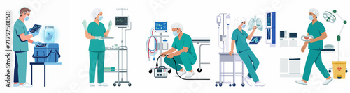 Set of illustrations depicting medical professionals and surgeons working with advanced technology and equipment in a modern hospital setting.