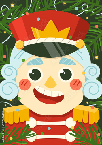 Cute Christmas nutcracker toy with red hat, golden crown and curly wig among green fir branches. A magical character design with uniform and epaulettes perfect for Christmas cards,  banners, posters.