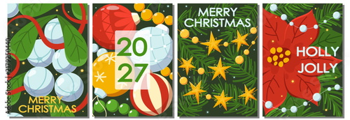 Set of colorful Christmas cards with mistletoe berries, tree balls, stars, beads and poinsettia flower in a festive holiday composition. Bright holiday design perfect for Christmas cards, social media