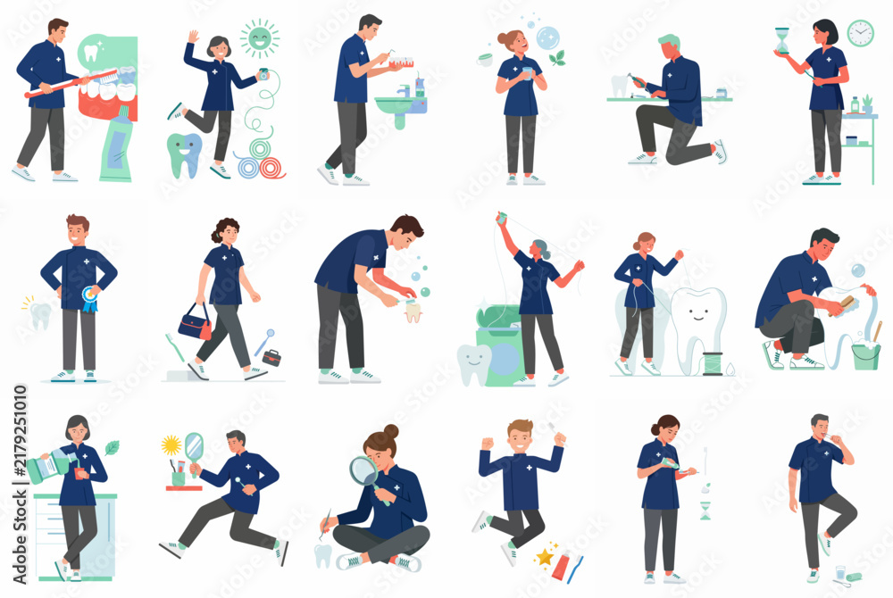 Fototapeta premium Set of flat vector illustrations depicting people practicing daily dental hygiene routines like brushing, flossing, and maintaining oral health.