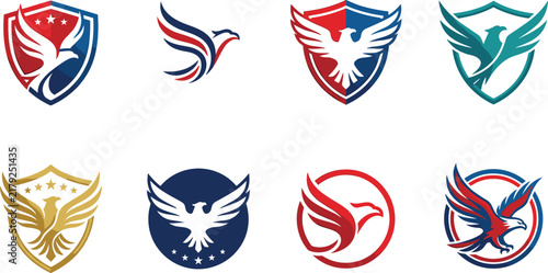 Set of eagle, hawk, falcon, and shield emblem logos vector illustration
