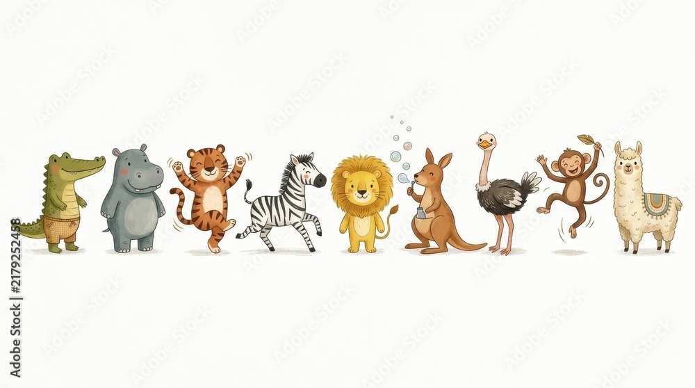 Fototapeta premium Adorable Hand Drawn Safari and Zoo Animals Set Featuring Lion Tiger Zebra Monkey and Llama on White