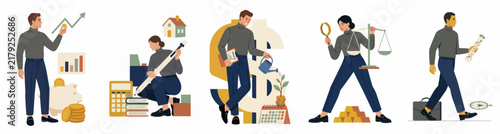Set of Financial Concepts Illustrations Featuring Diverse Professionals Managing Investments, Accounting, Business Growth, and Wealth Planning on White Background.