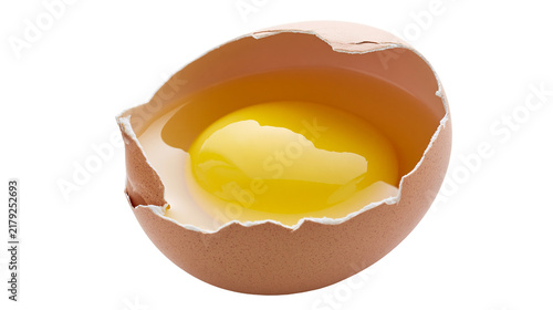 Quadro su tela Broken brown eggshell with bright yellow yolk and clear albumen, isolated on tra