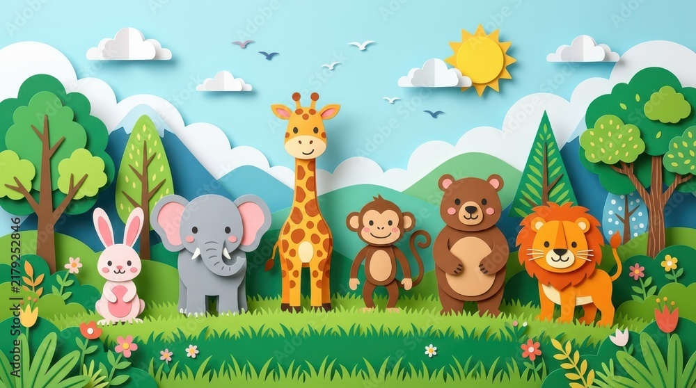Fototapeta premium Adorable Paper Craft Jungle Animals Illustration Featuring Lion Elephant Giraffe and Bear in Sunny Nature Scene