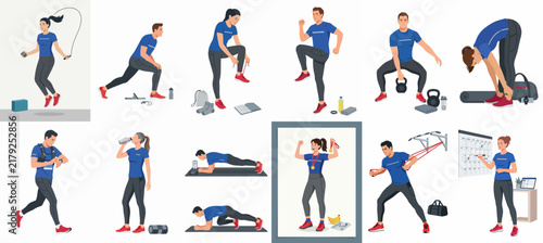 Vector illustration set showing men and women performing various fitness exercises, workout routines, and maintaining a healthy lifestyle.