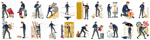 Comprehensive collection of flat vector illustrations depicting business people managing money, debt, savings, investment risks, and financial growth on a white background.
