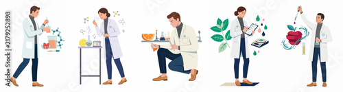 Set of professional scientists in lab coats conducting research and experiments on fruits and plants for food science and biotechnology.