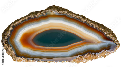 Fotografie Polished agate slice with concentric bands of brown white and blue, isolated on