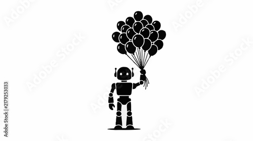 A black silhouette of a robot holding a bunch of balloons