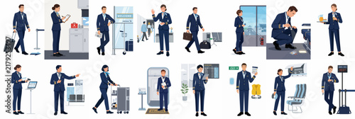 Professional airline cabin crew illustrations showing flight attendants performing various duties, from greeting passengers to safety demonstrations and onboard service.