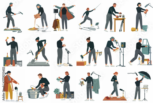 Flat illustrations showing foley artists and sound designers recording various sound effects using props and studio equipment on a white background.