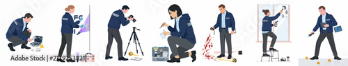 Collection of flat vector illustrations depicting forensic investigators and crime scene technicians gathering evidence and documenting a crime scene.