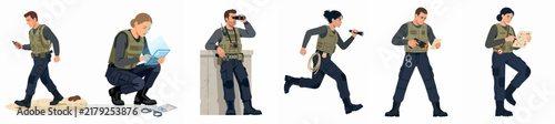 Collection of diverse police officers and special agents in various tactical, investigative, and active-duty poses isolated on a white background.