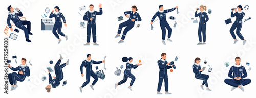 Foto Set of flat vector characters depicting astronauts and space tourists in various activities and poses within a weightless environment on white background