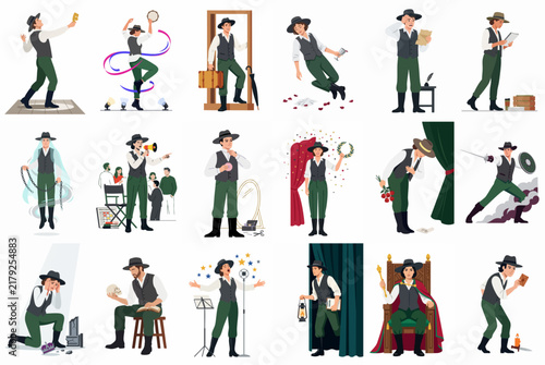 Collection of various theater actor illustrations showcasing different dramatic roles and emotions, including scenes like fencing, singing, and playing Hamlet.