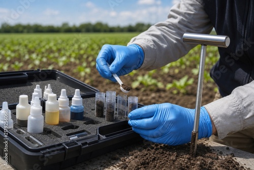 Fototapeta Agronomist testing soil in a field with a soil sample kit