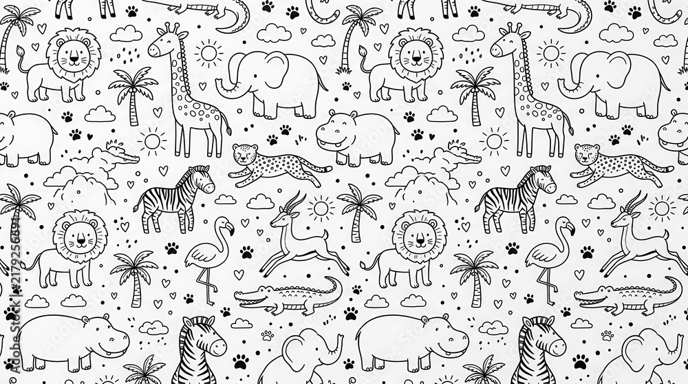 Fototapeta premium Cute Safari Animal Seamless Pattern Doodle Vector Illustration for Kids Coloring Page and Nursery Decor