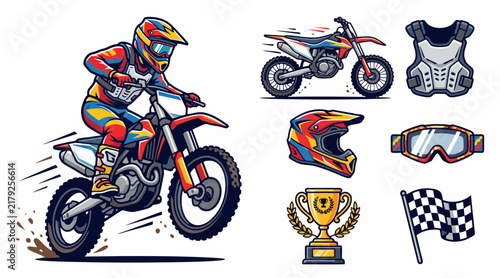 Professional motocross rider performing stunts with gear and trophy in this vibrant vector graphic illustration set