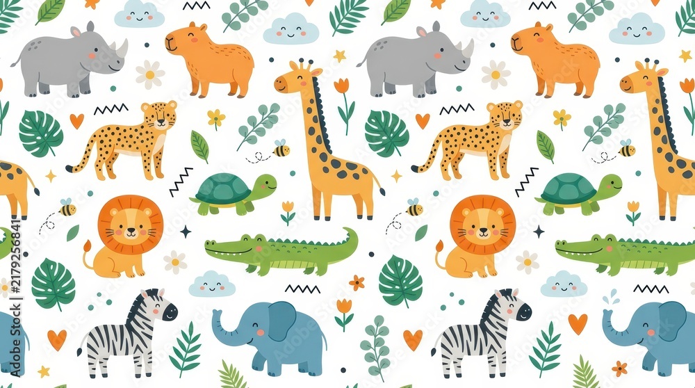 Fototapeta premium Cute Safari Animals Seamless Pattern with Lion, Giraffe, Elephant, Zebra, and Tropical Leaves for Kids Nursery Decor