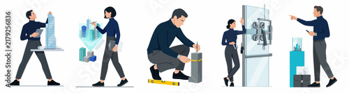 Set of vector characters representing professionals in architecture, engineering, and construction, featuring urban planning, site measurement, and glass installation.