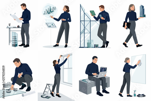 Flat illustration set of architectural professionals working on building projects using blueprints, models, and digital tools in a modern studio environment.