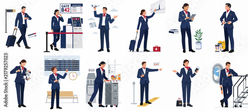 Set of illustrations depicting diverse male and female airline staff and flight attendants performing various airport and cabin duties in professional uniforms.