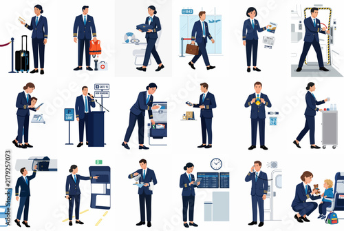 Vector illustration set of airline crew characters performing various airport and flight duties including flight attendants and pilots in professional uniforms.