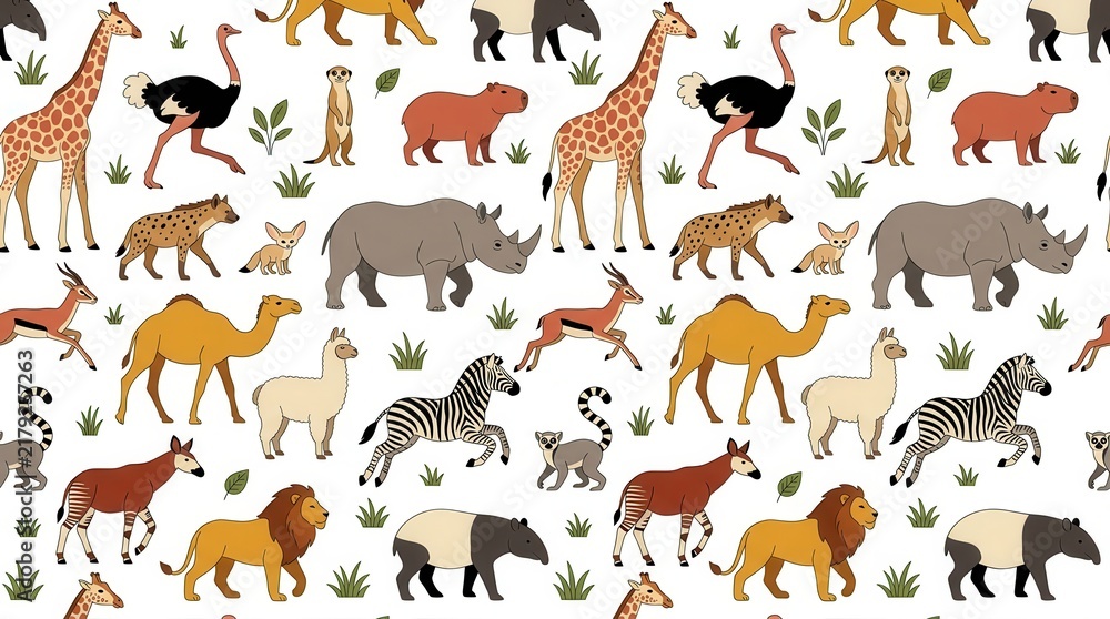 Obraz premium Seamless Pattern with African and Exotic Animals Including Lion Giraffe Zebra Rhino and Camel for Kids Fabric Design