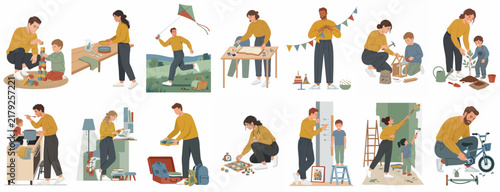 Set of flat illustrations depicting parents and children performing various domestic chores, hobbies, and leisure activities together at home.