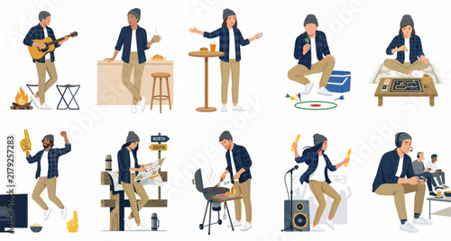 Set of flat vector illustrations showcasing a young man's diverse lifestyle, from playing guitar and gaming to grilling and traveling.