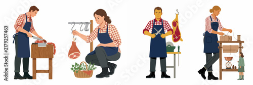 Set of Flat Illustrations Featuring Professional Butchers and Meat Sellers Working with Fresh Meat Products on a White Background