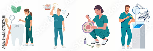 Medical and Healthcare Professionals Set Featuring Dentistry, Dermatology, and Laboratory Research Illustrations in Flat Style