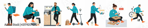 Set of vector illustrations showing diverse delivery couriers in blue uniforms packing, navigating, and delivering food and parcels on a white background.