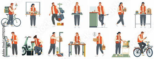 Comprehensive Collection of Flat Vector Delivery Characters Illustrating Various Courier Services, Transportation Methods, and Package Handling Scenarios for Logistics and Ecommerce.
