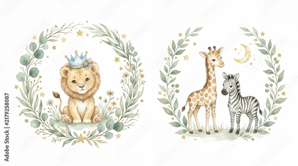 Fototapeta premium Watercolor Baby Safari Animals Set with Cute Lion, Giraffe, and Zebra in Floral Wreaths for Nursery Decor